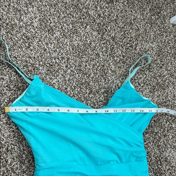 Vintage Necessary Objects Turquoise Faux Wrap Mesh Formal Midi Dress - Picture 13 of 15